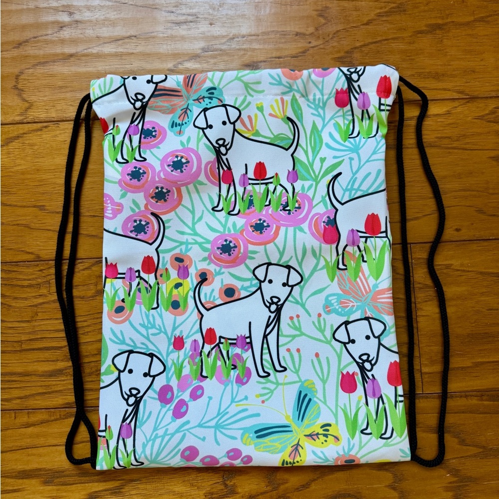 Pink Floral Drawstring Cinch Backpack with Dog Graphic Puppy Print Travel Tote - Picture 2 of 11